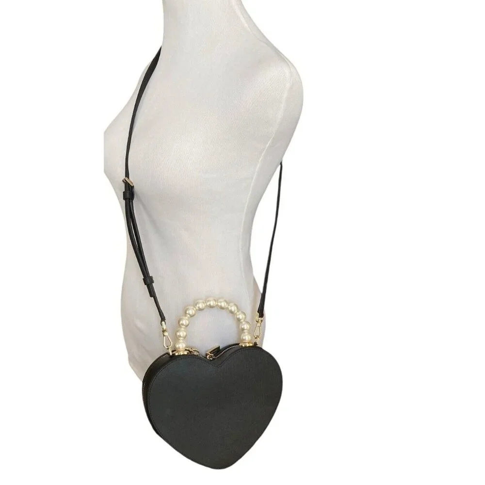 NWT Kate Spade KF516 Love Shack Heart Pearl Crossbody Purse Black Leather $389 - Picture 3 of 7
